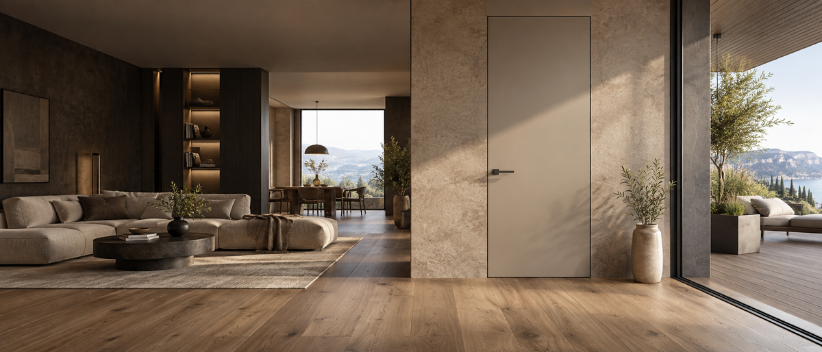 Interno contemporaneo CasaForma con porta di design, pavimento in legno, rivestimento materico e terrazza WPC
